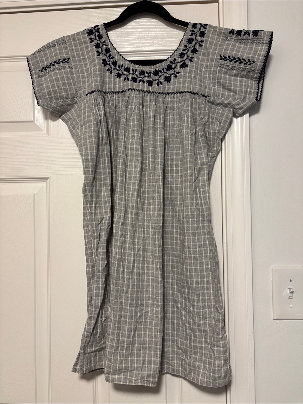 Gray Checked Embroidered Peasant Dress with Navy Detail